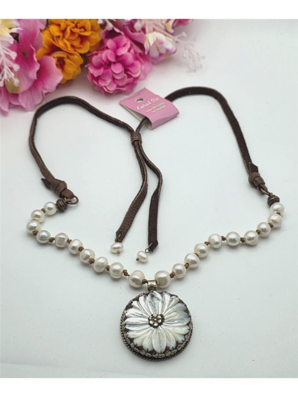 Carol Su Mother of Pearl Flower Pendant Pearl Leather Necklace 32” Adj. Slider